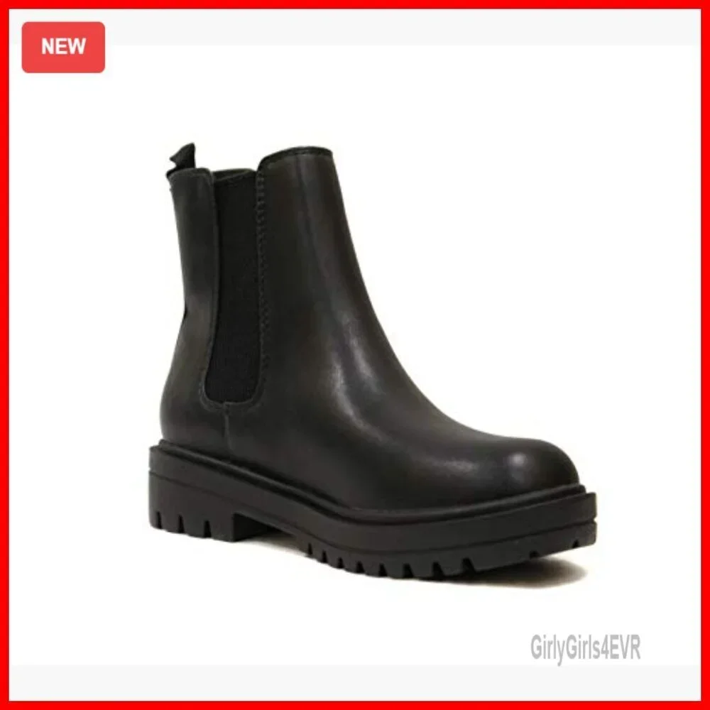 Lug Sole Chelsea Ankle Booties with Elastic Gore, Round Toe Block Heel